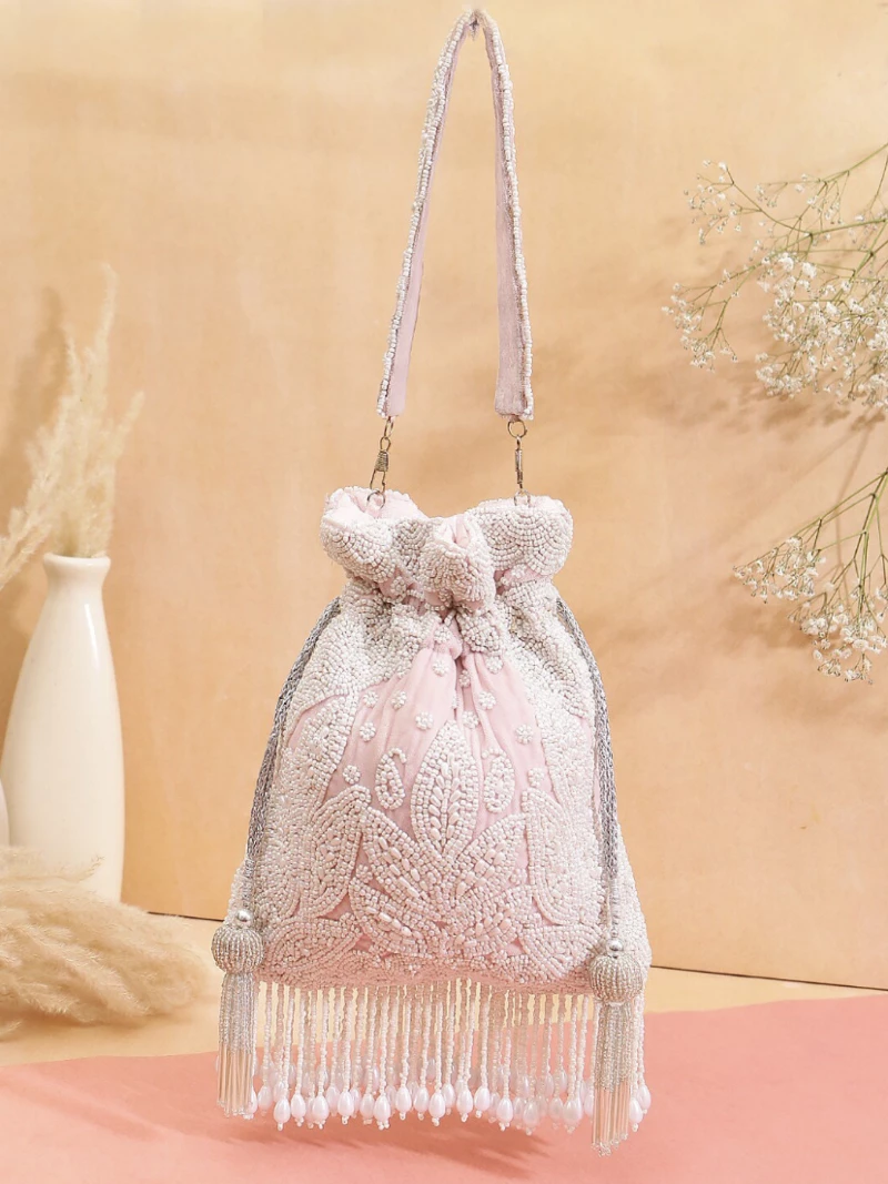 Baby Pink Embroidered Silk Bridal Potl Bag