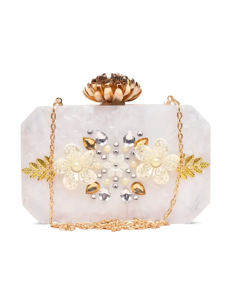 Women White Stone Acrylic Clutch