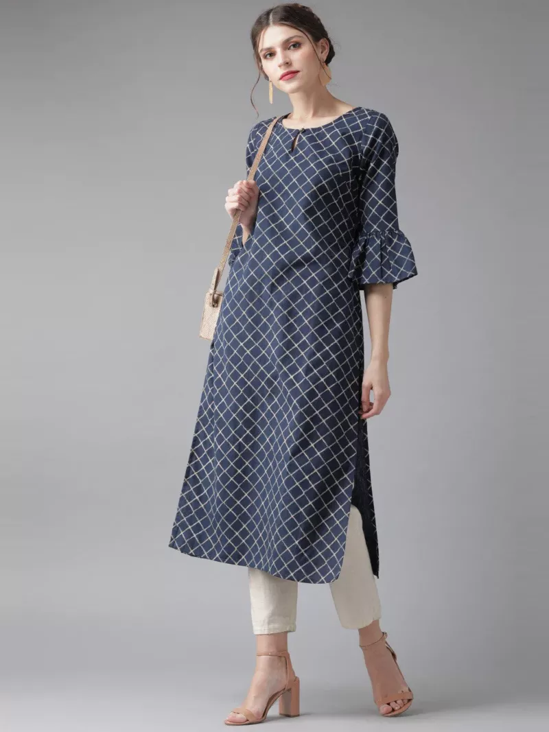 Women Navy Blue Checked Kurta