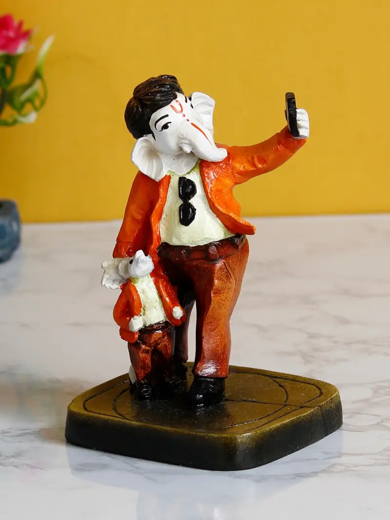 Orange and Brown Handcrafted Polyresin Lord Ganesha Idol Taking Selfie with Mushak