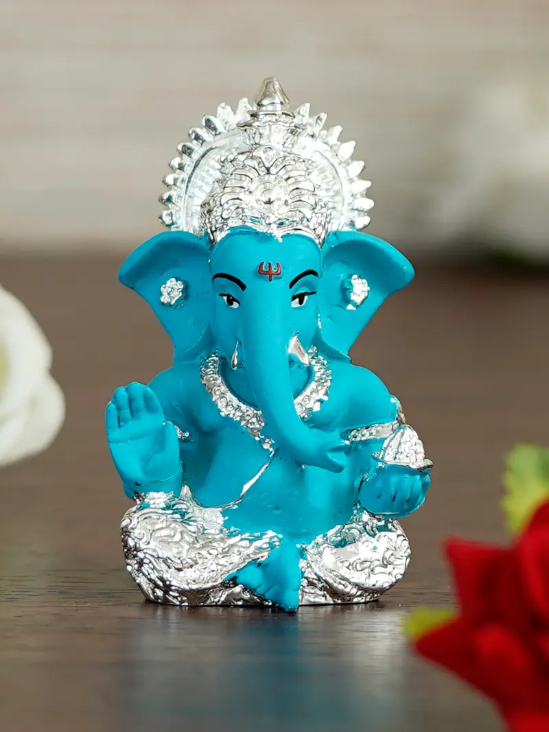 Silver Plated Blue Polyresin Ganesha Idol for Home