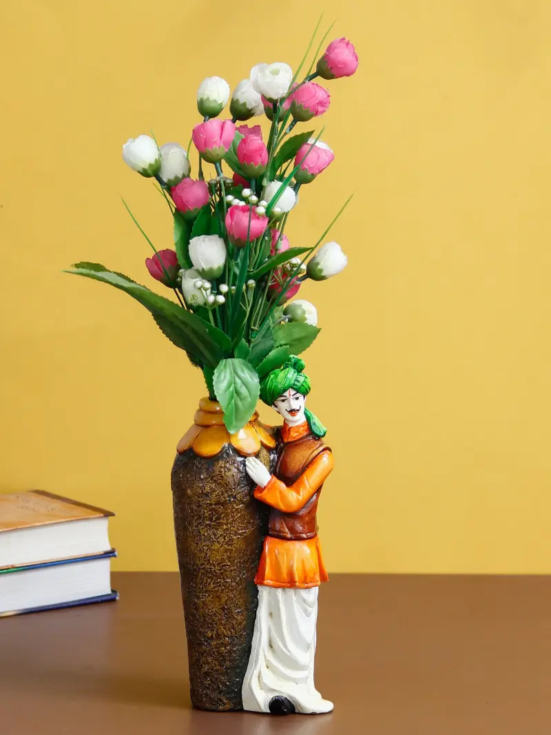 Rajasthani Men with Flower Pot Decorative Handcrafted Polyresin Showpiece