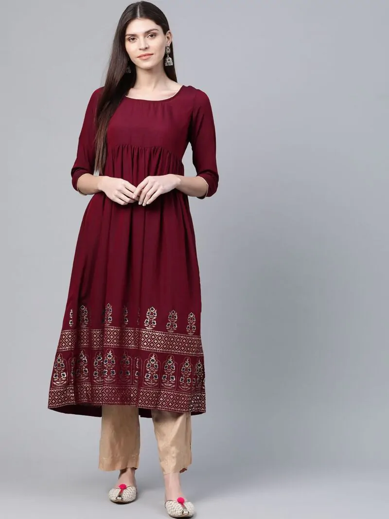 Women Maroon & Golden Printed Hem Empire A-Line Kurta