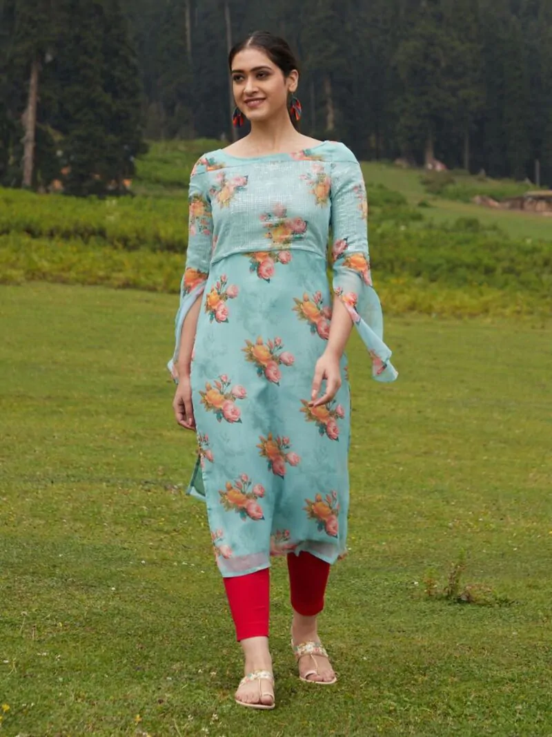 Pastel Green & Red Floral Print With Sequence Work Kurta