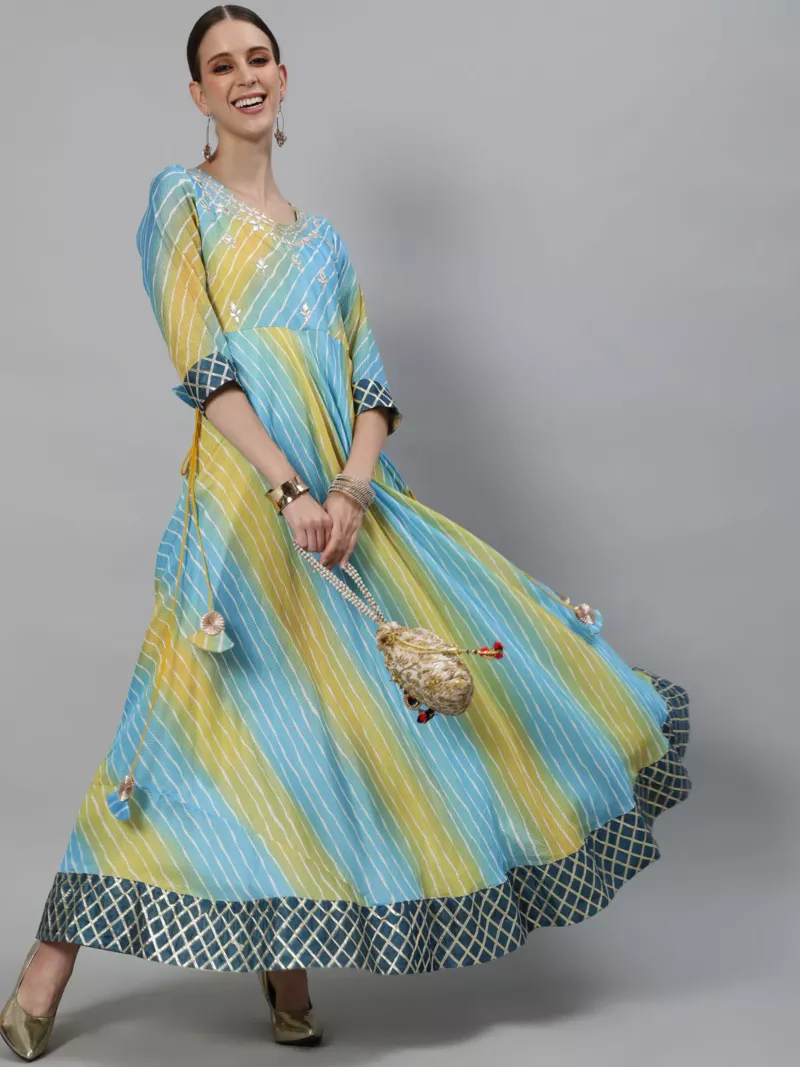 Women Leheriya Blue Embroidered Flared Maxi Dress