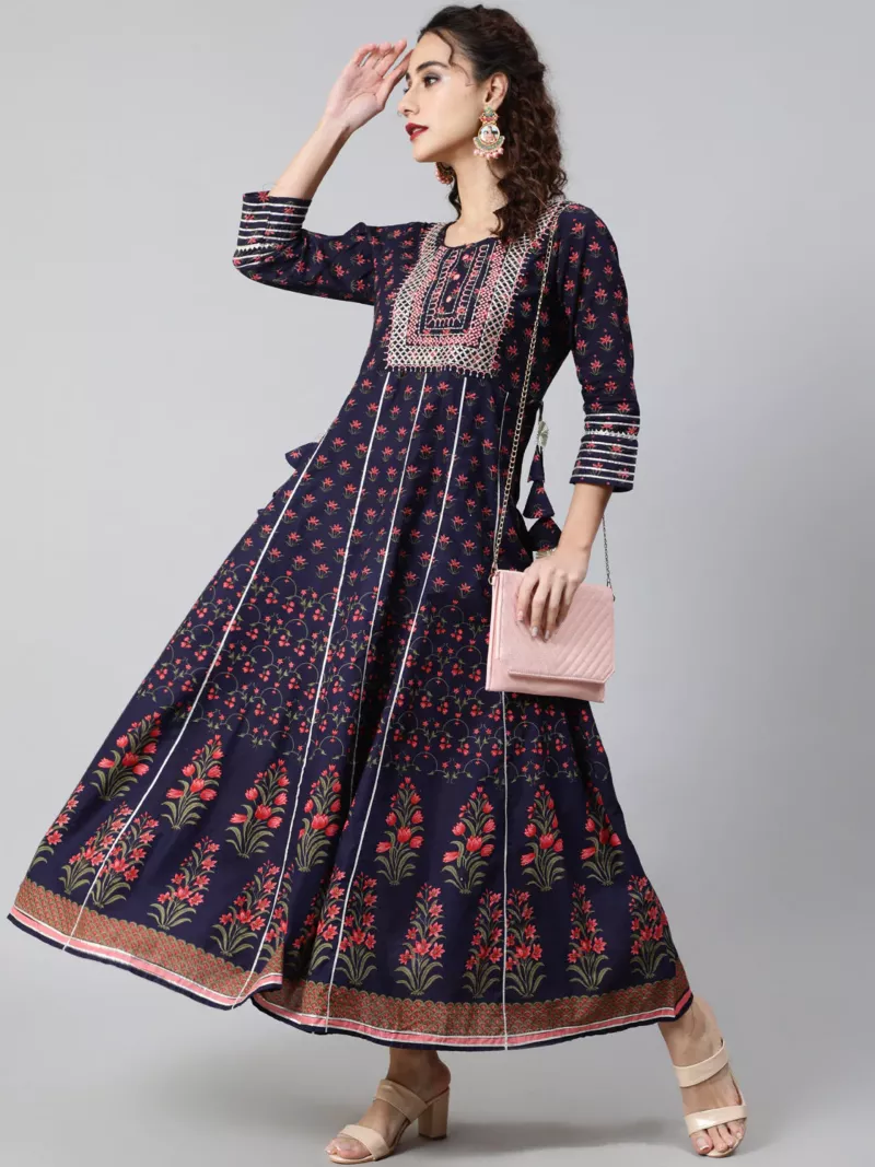 Blue & Peach Floral Print Embroidered Maxi Dress