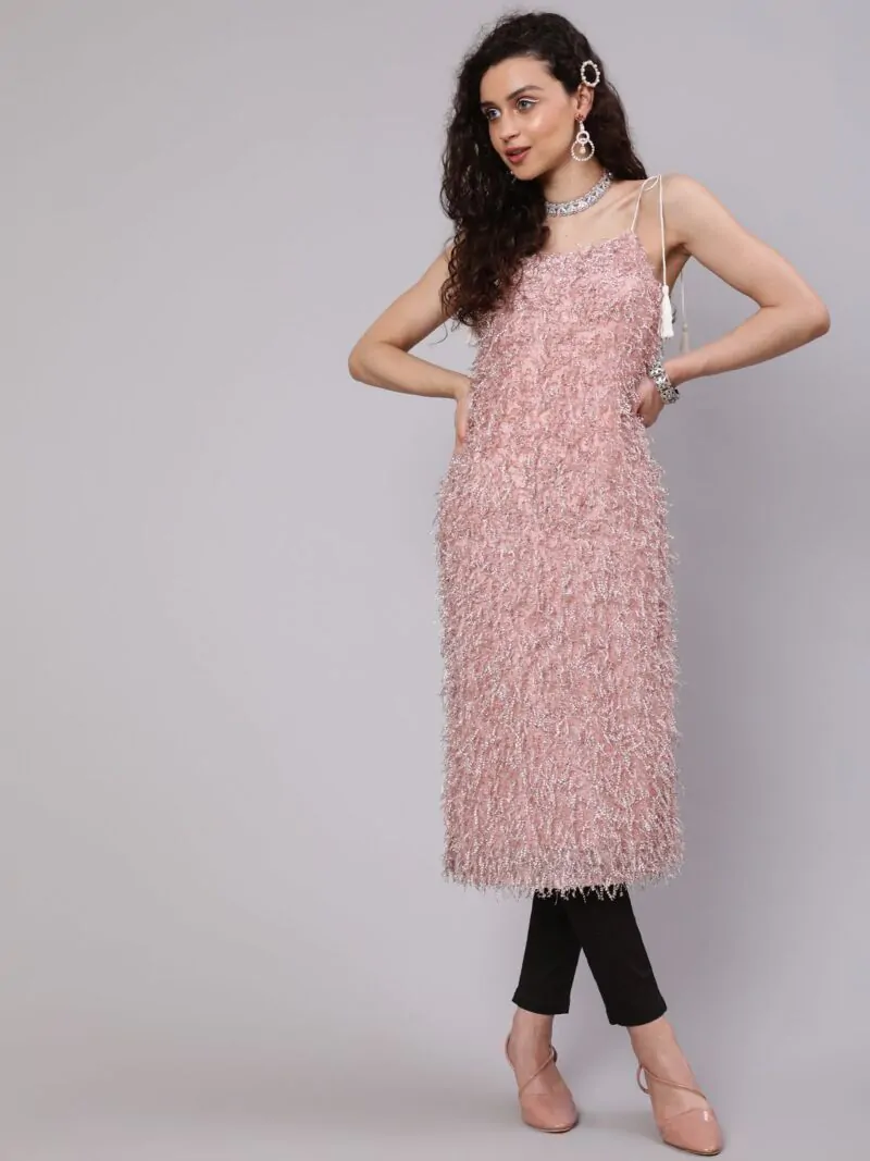 Women Peach Fur Lycra Straight Kurta
