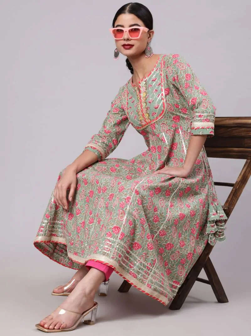 Pastle Green & Pink Floral Printed Anakali With Lace Work