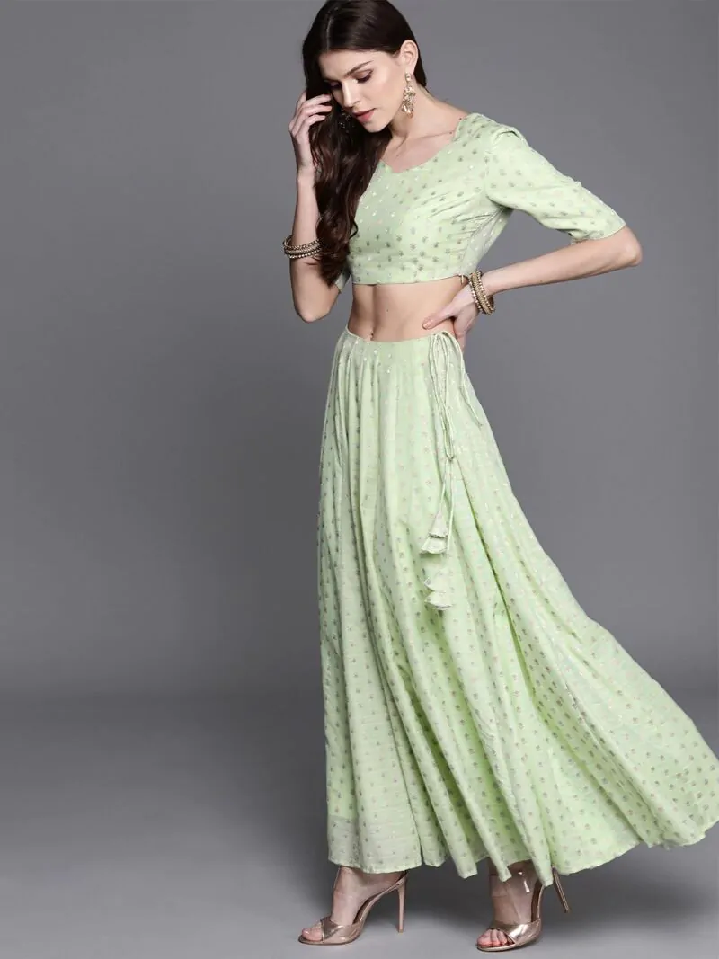 Green & Golden Woven Design Ready To Wear Lehenga & Blouse With Dupatta