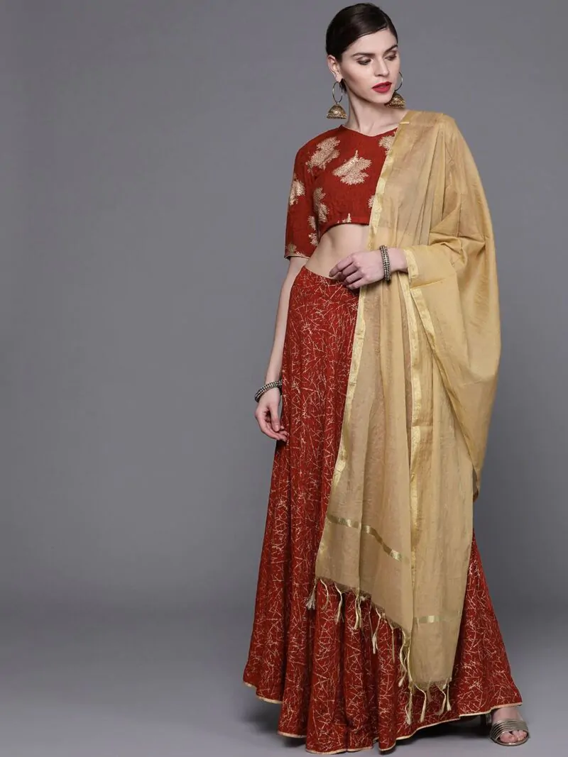  Red & Golden Printed Lehenga Choli With Dupatta