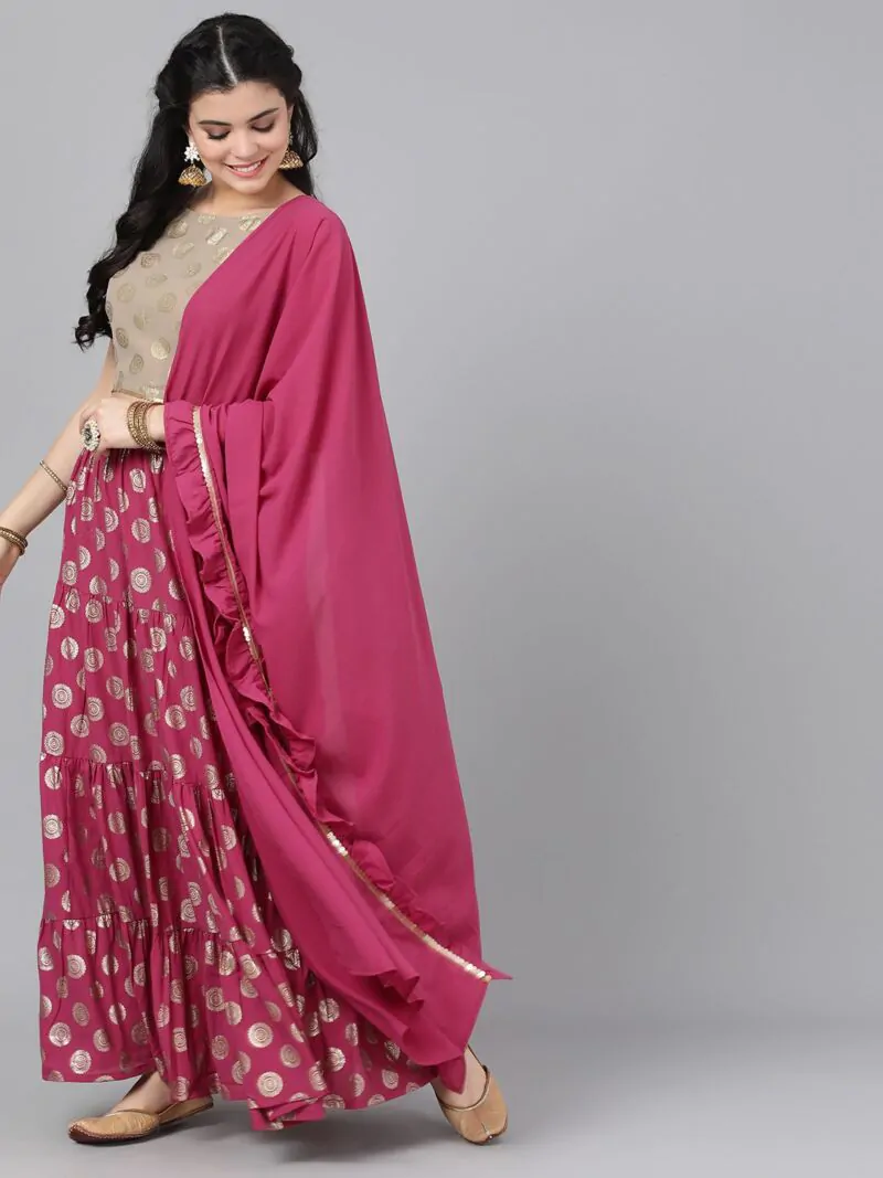 Magenta & Gold Lehanga Choli And Dupatta With Ruffled