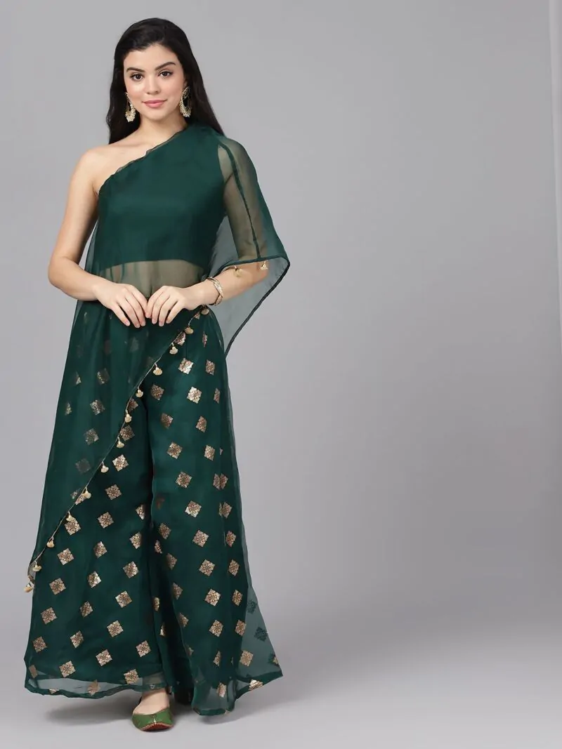 Dark Green Foil Print Lehenga With Blouse