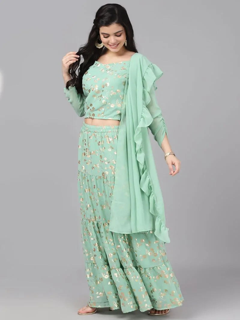 Sea Green Gold Foil Print Lehenga Blouse With Dupatta