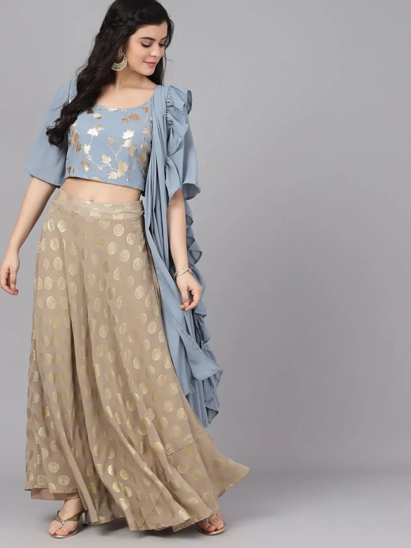 Grey & Gold Foil Print Lehenga Blouse With Dupatta