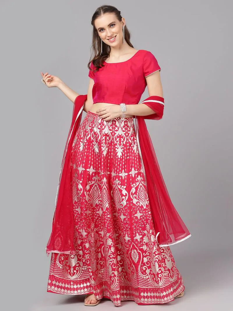 Pink & Silver Printed Lehenga Blouse With Dupatta