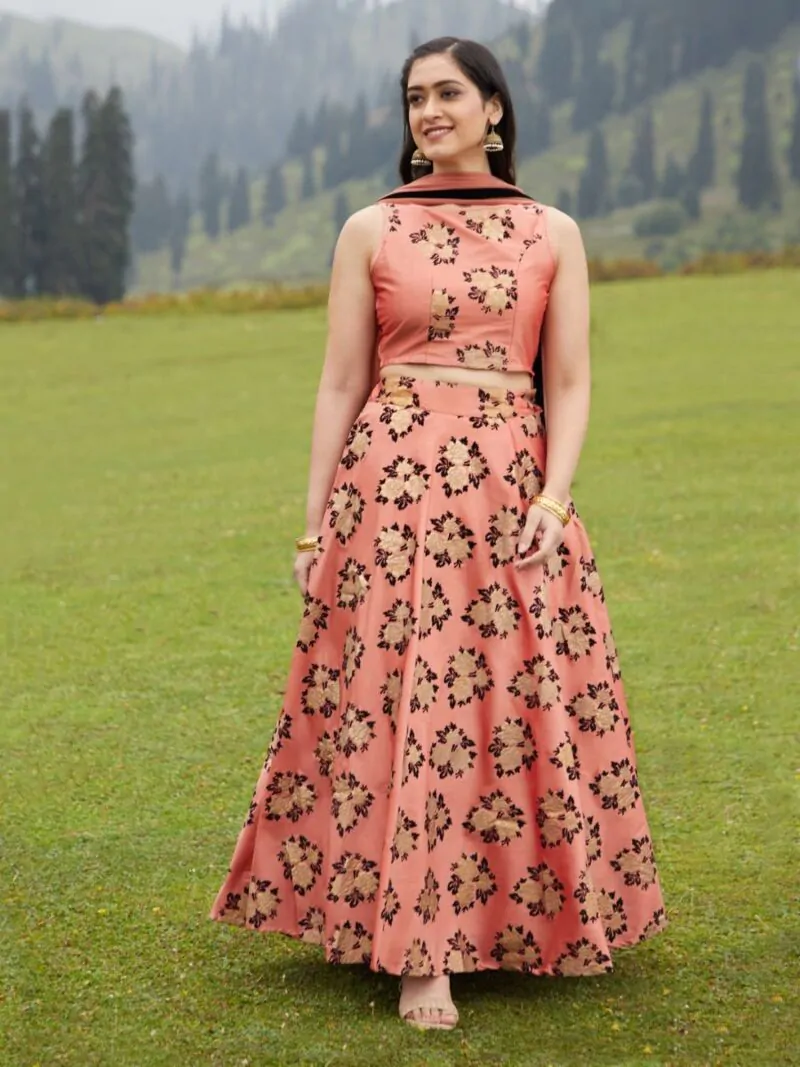 Rose Gold & Black Flock Design Lehenga Choli With Net Dupatta