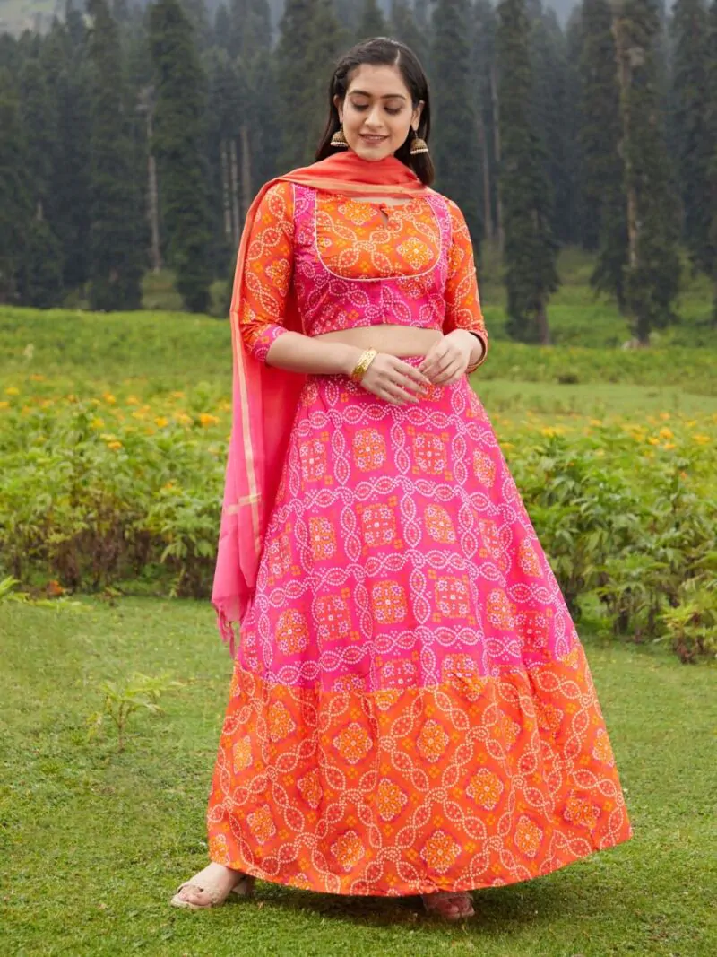 Orange & Pink Bandhani Printed Lehenga Choli & Solid Dupatta