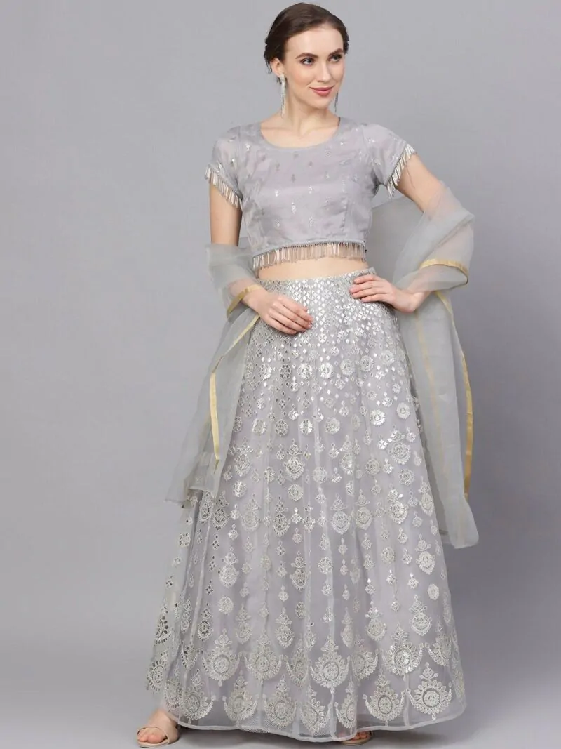 Grey & Silver Organza Foil Print Lehenga Choli With Solid Dupatta