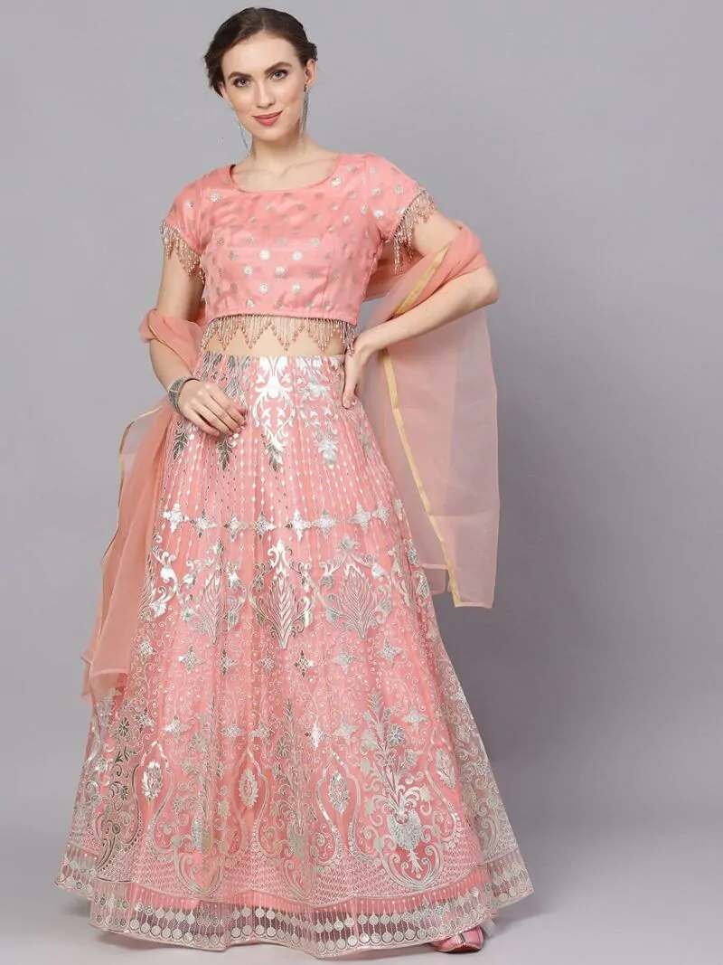 Peach & Silver Organza Foil Print Lehenga Choli With Solid Dupatta