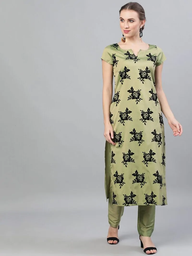 Green & Black Flock Printed Straight Kurta With Pant Set