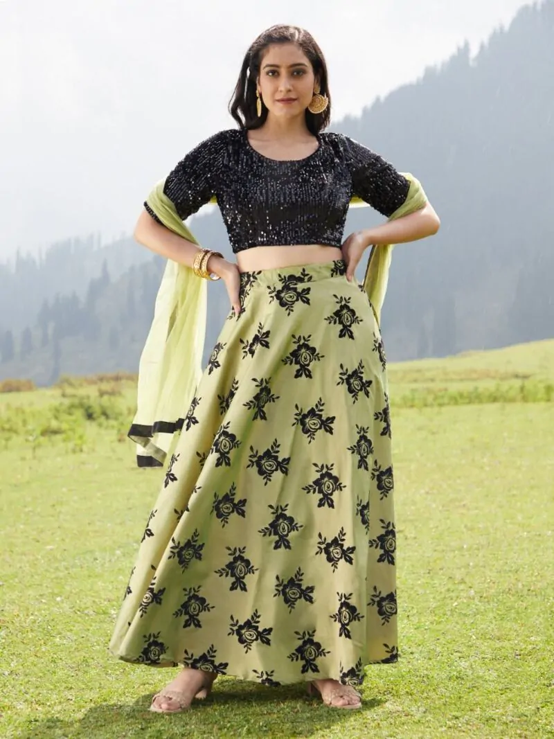 Green & Black Flock Print Lehenga With Sequenced Choli & Net Dupatta