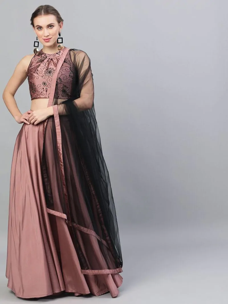 Mauve & Black Flock Printed Lehenga Choli Set With Net Dupatta