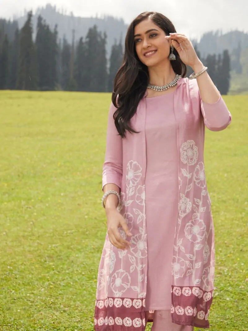 Rose Gold Printed Double Layered Kurta & Palazzo Set