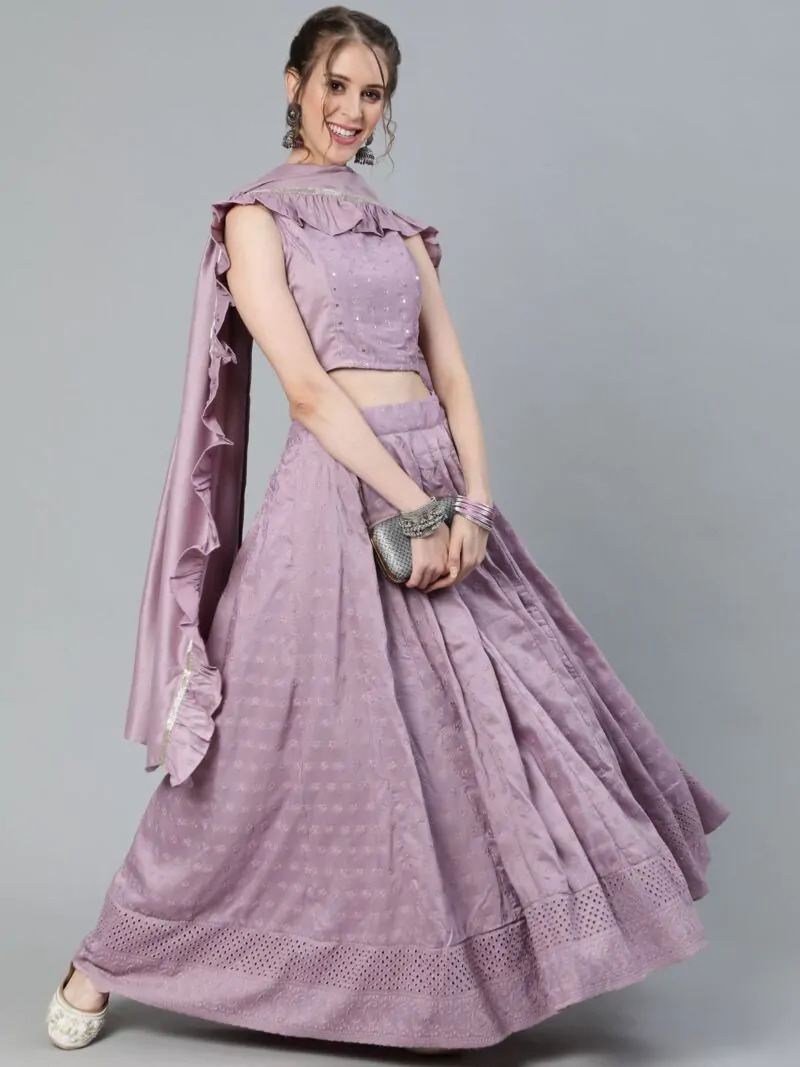Lavender Schiffli Work Lehenga Choli With Dupatta