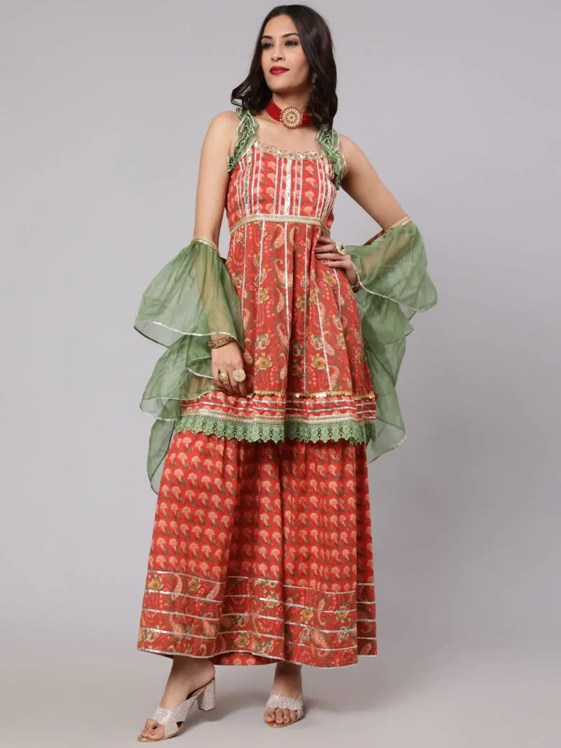 Red & Green Floral Printed Lace Work Kurta & Sharara With Organza Dupatta