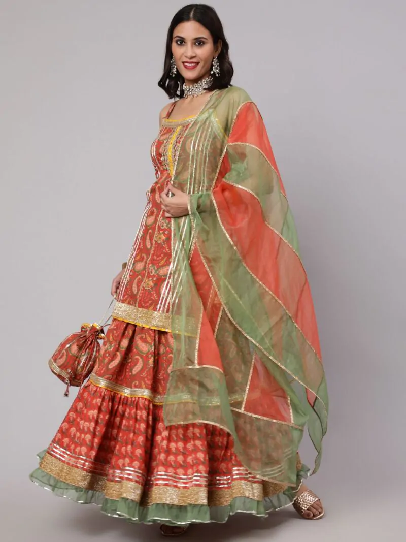 Red & Green Floral Printed Lace Work Kurta & Skirt With Organza Dupatta & Potali Bag