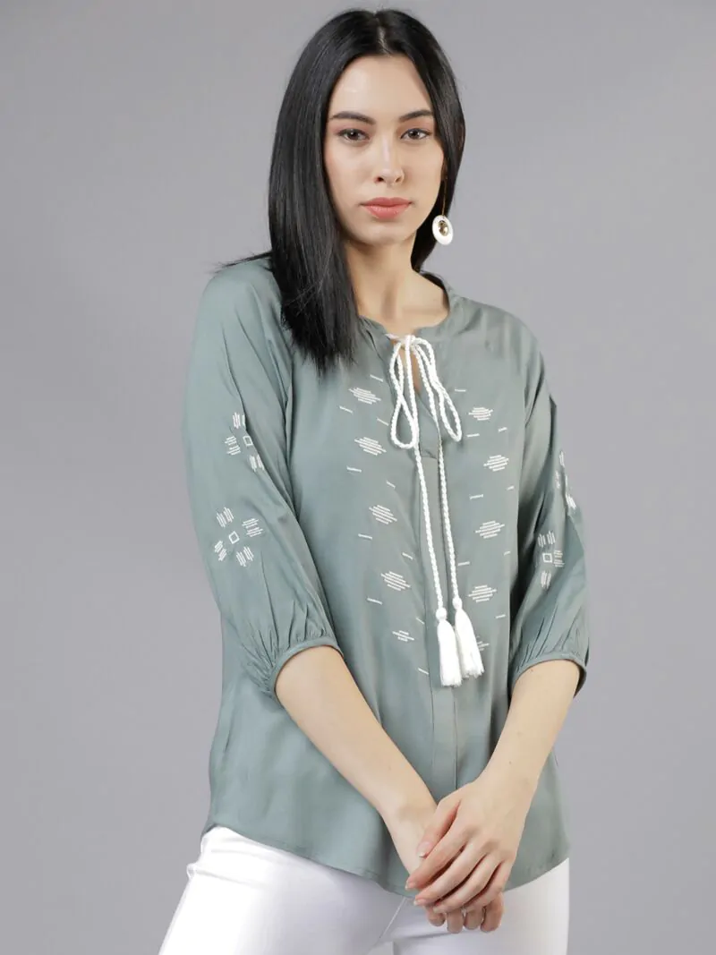 Women Olive Green Printed A-Line Top