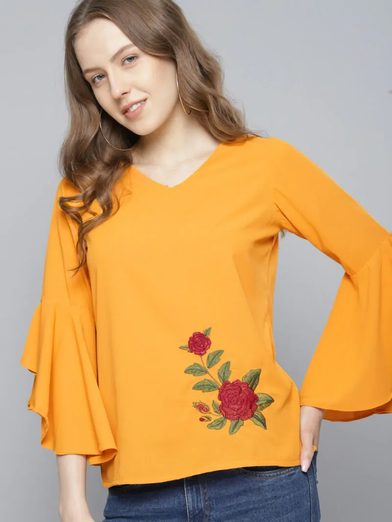 Women Mustard Solid Top with Embroidered Detail