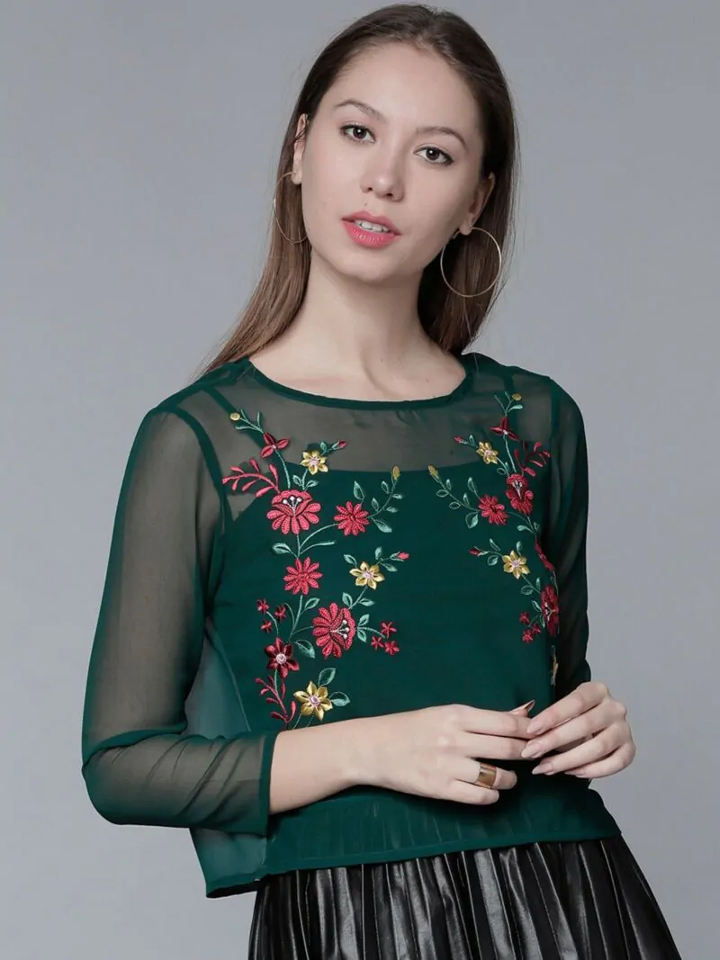 Women Green Embroidered Sheer Top