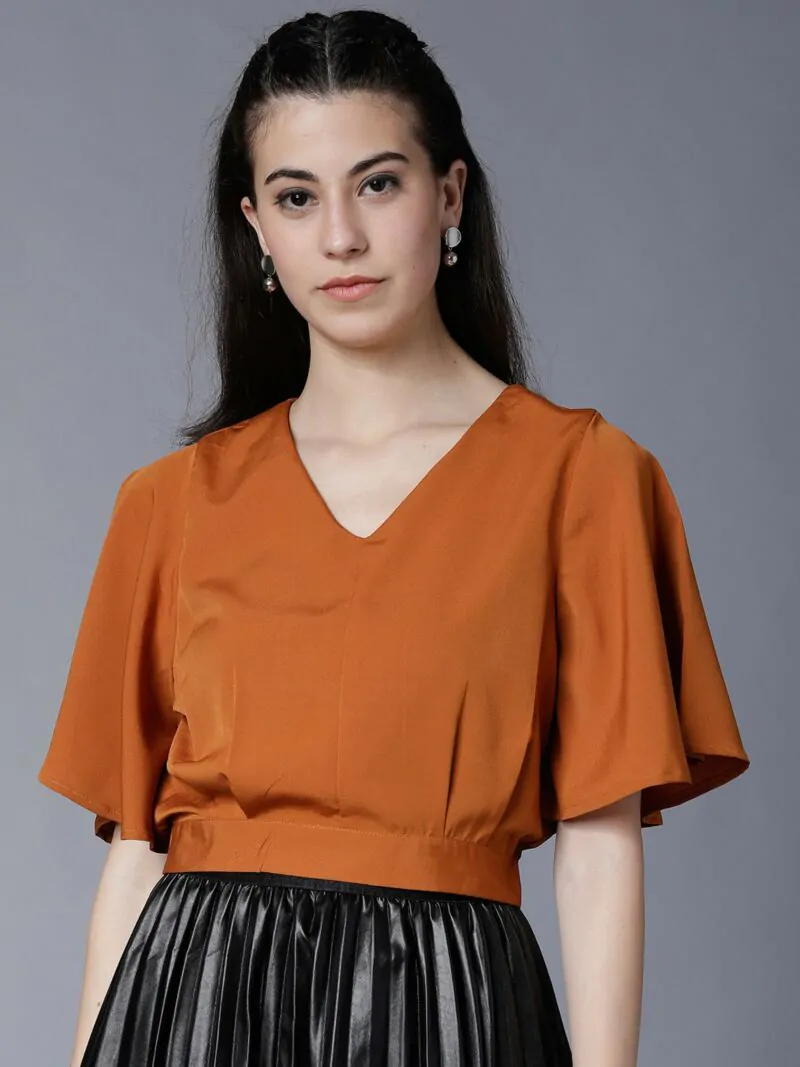 Women Rust Red Solid Blouson Crop Top