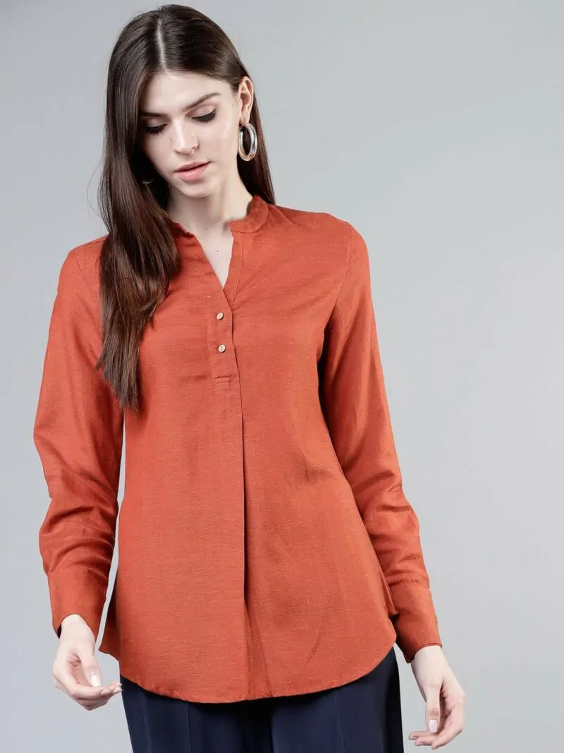 Women Rust Orange Solid Shirt Style Top