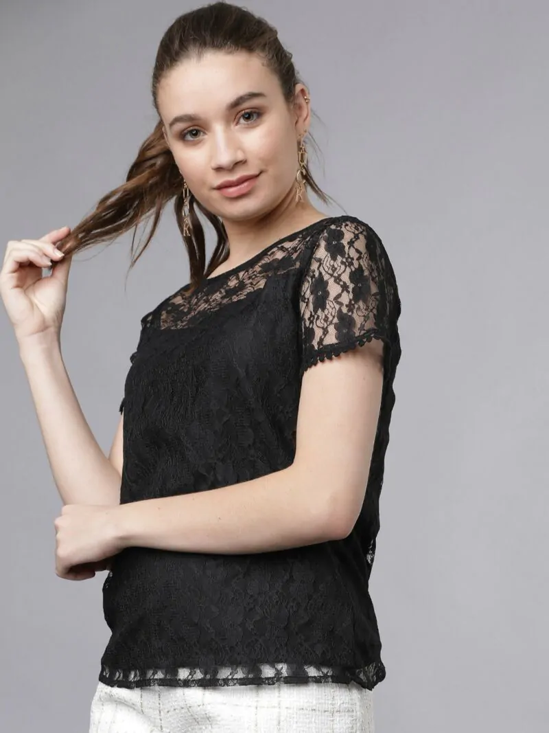 Women Black Self Design Top