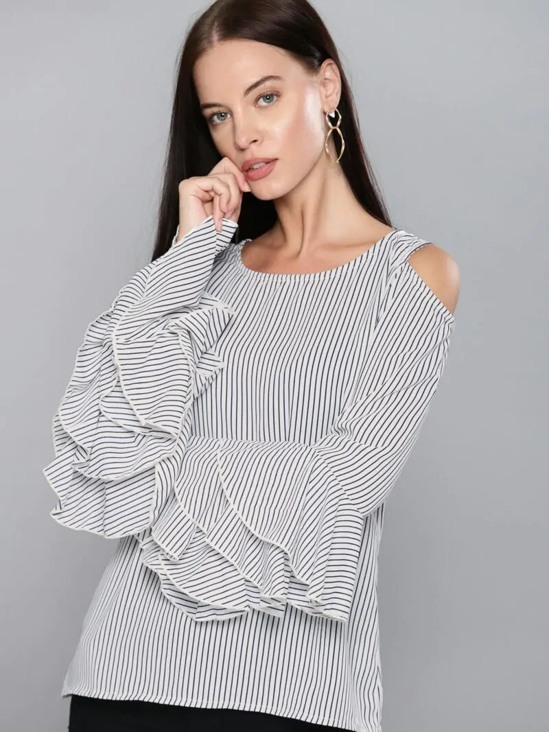 Women White & Navy Blue Striped Cold-Shoulder Top