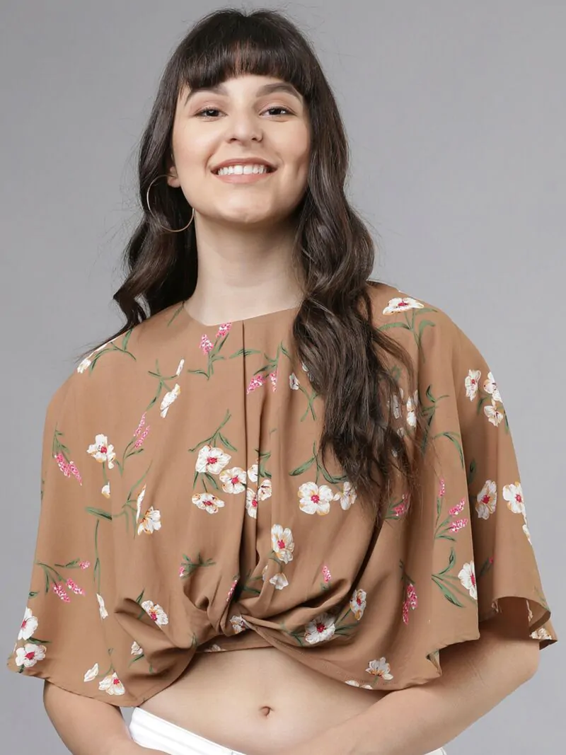 Women Beige Printed Crop Twisted Cape Top