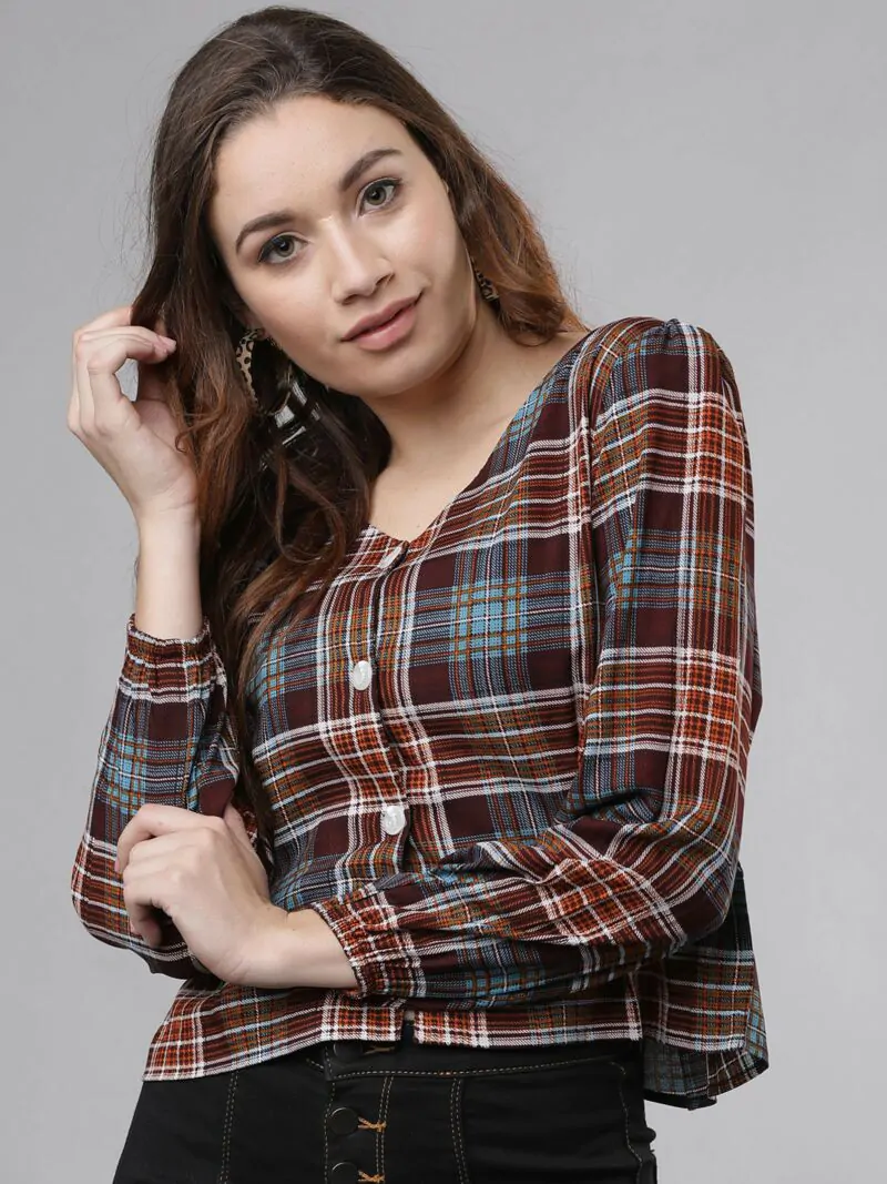 Women Burgundy & Turquoise Blue Checked Shirt Style Top