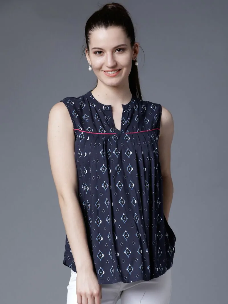 Women Navy Blue Printed A-Line Top