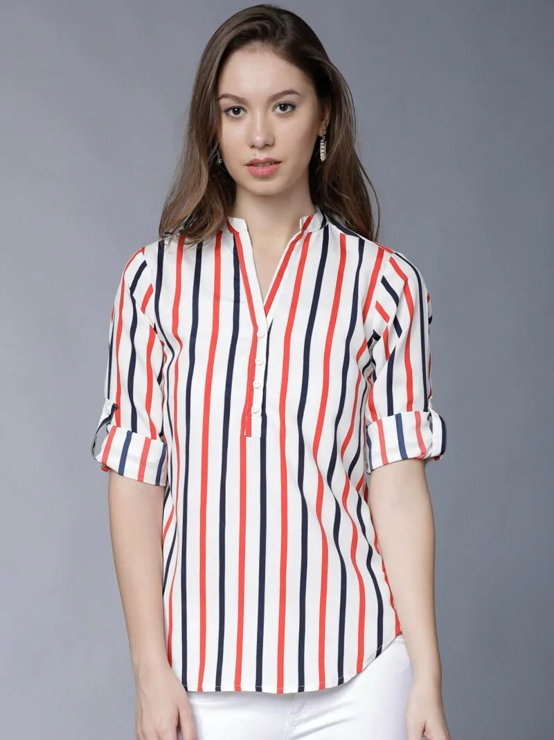 Women White Striped Shirt Style Top