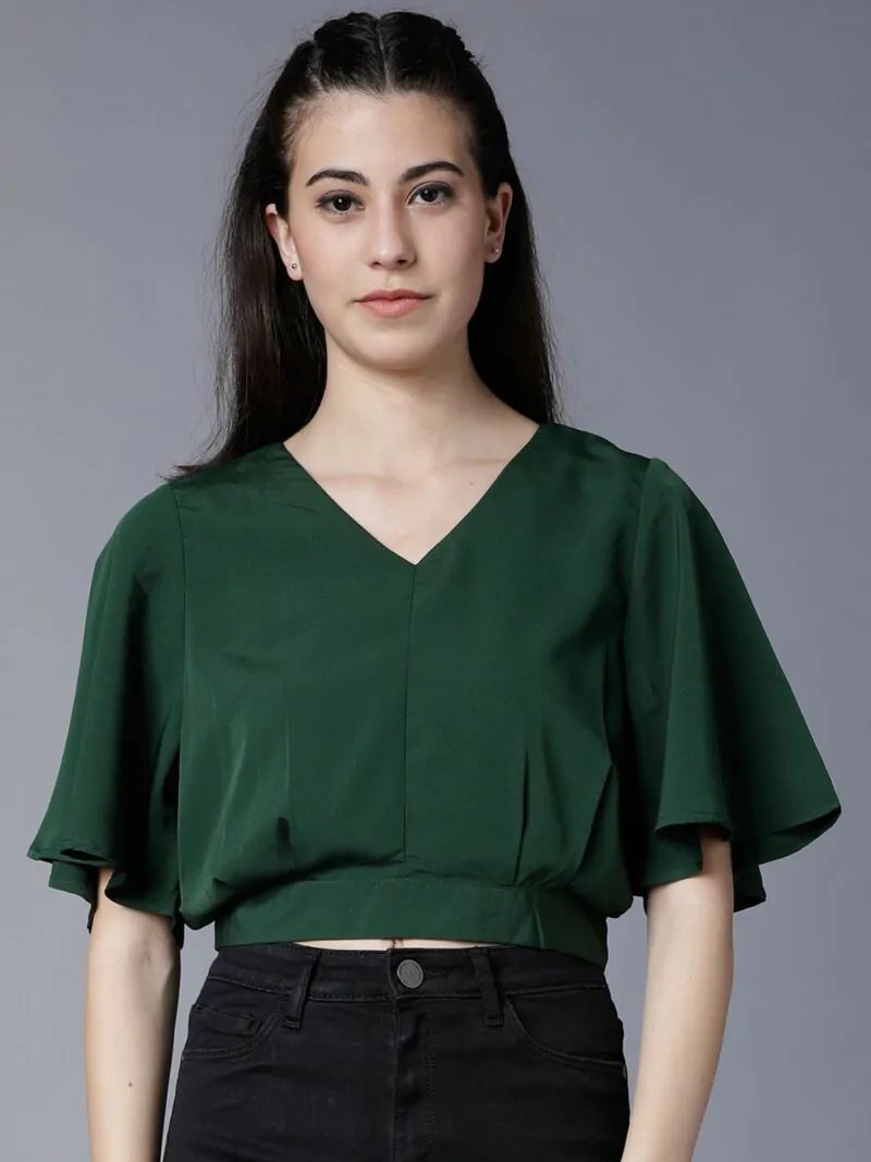 Women Green Solid Blouson Crop Top