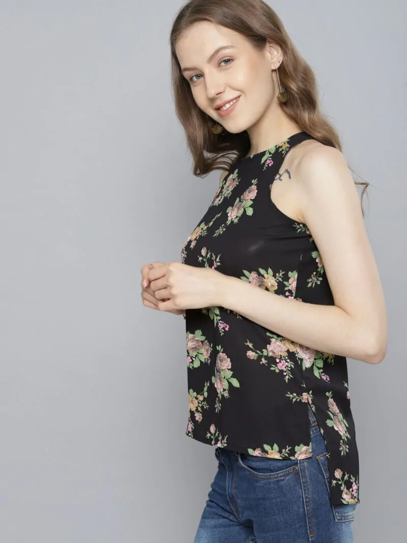 Women Black Printed A-Line High-Low Top