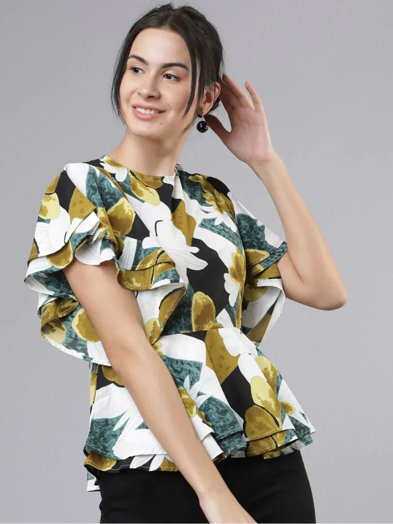 Women White & Black Floral Print Peplum Top