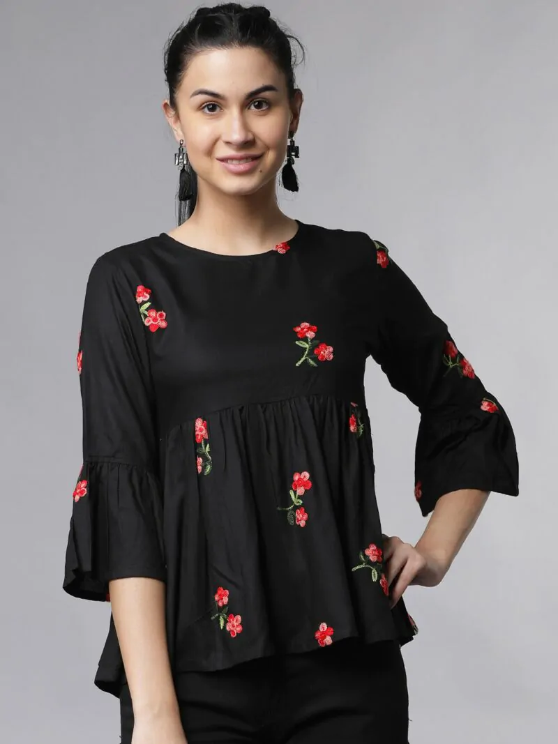 Women Black Floral Embroidered Peplum Top