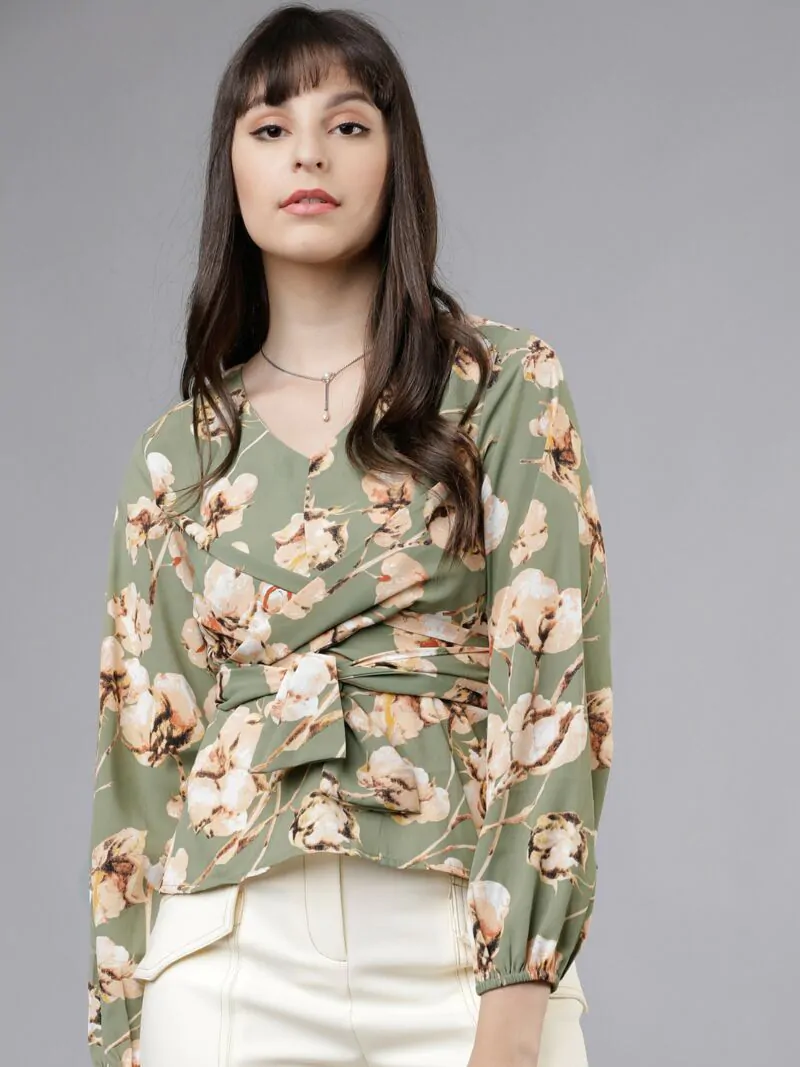 Women Green & Off-White Printed Wrap Top