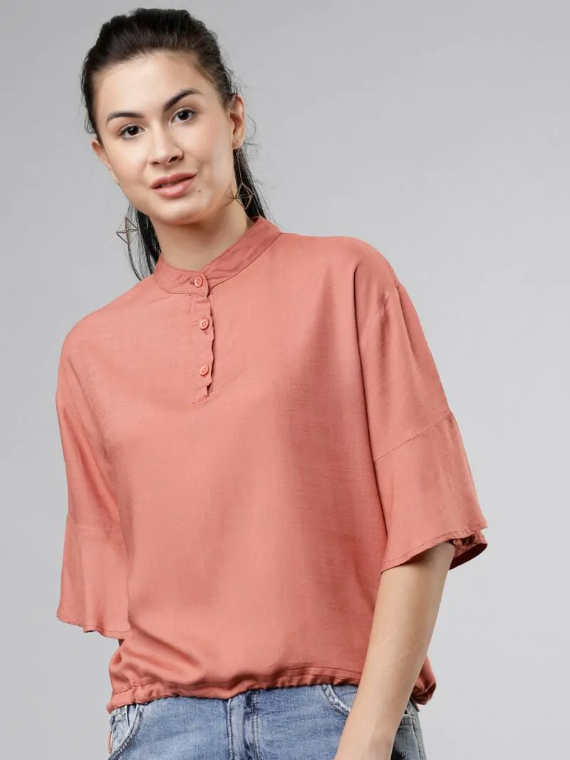 Women Peach-Coloured Solid Blouson Top