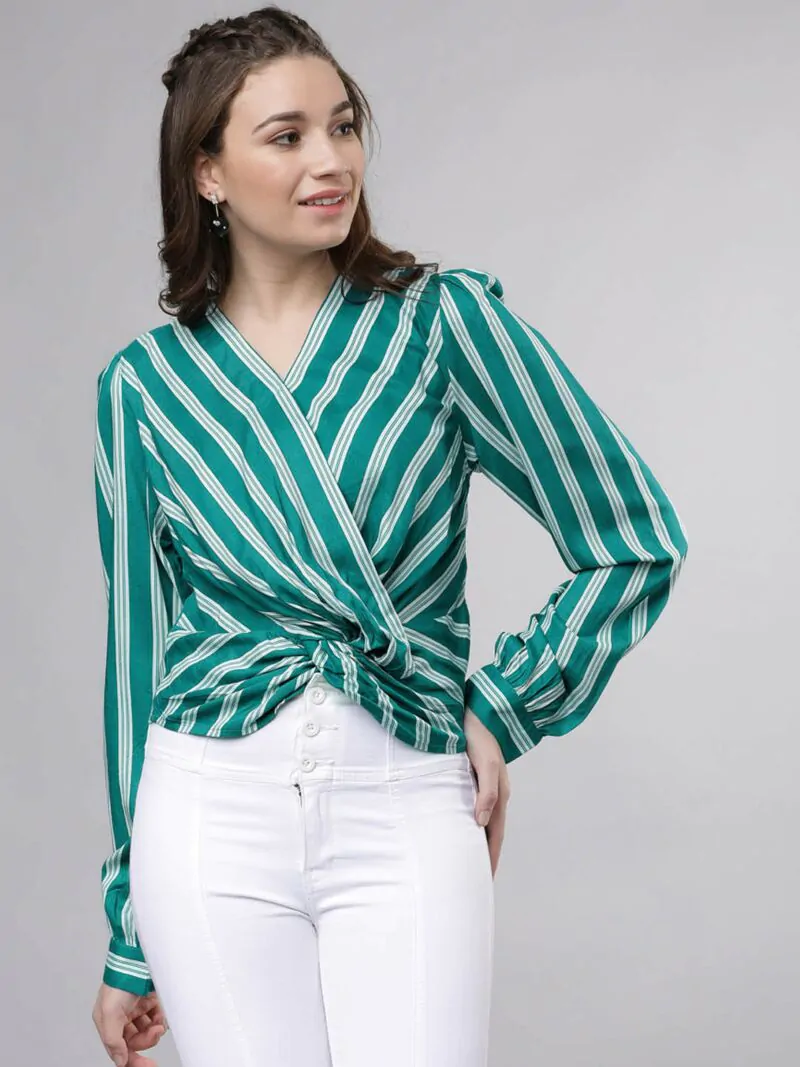 Women Teal Green Striped Top