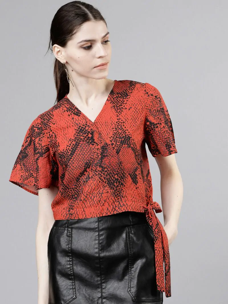 Women Red & Black Printed Wrap Top