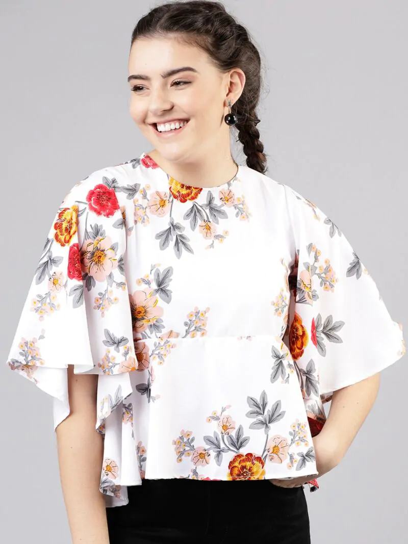 Women Off-White and Beige Floral Printed Peplum Top